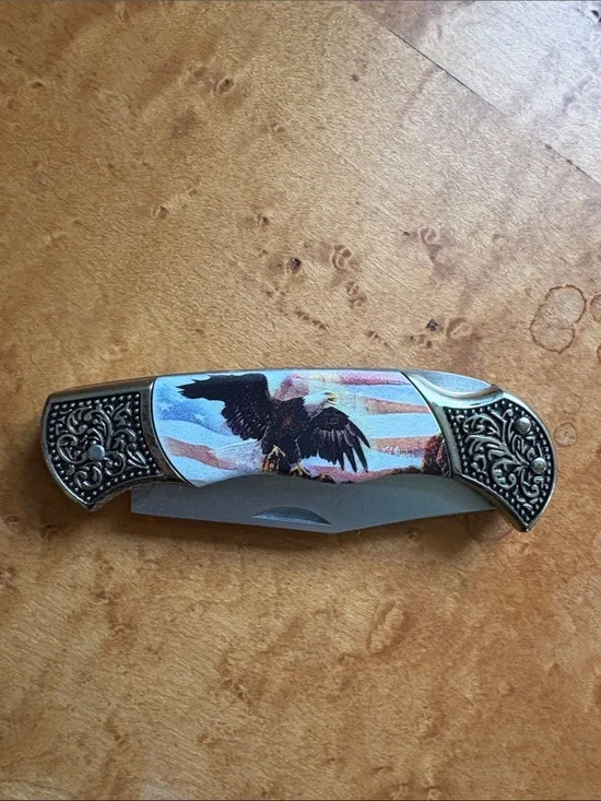 Bradford Exchange Collectible Folding Knife with Eagle Art - Cream, Gold, Black